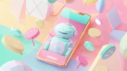 A colorful digital scene featuring a robot on a smartphone, surrounded by geometric shapes.