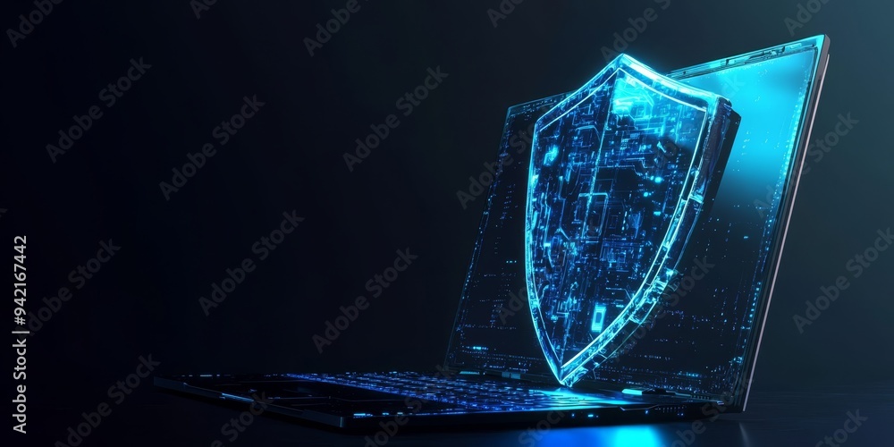 Poster an abstract representation of cyber security that prominently features a sleek laptop adorned with a
