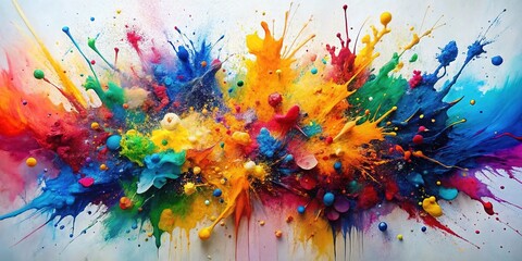 Vibrant splatters of colorful paint dance across a white canvas, creating a dynamic, abstract composition that embodies the essence of action and expressionist art.