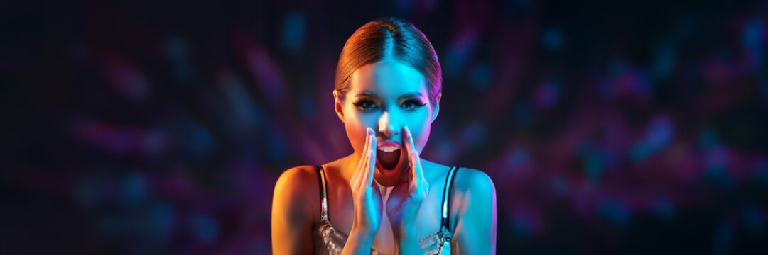 informing woman night portrait shouting telling party