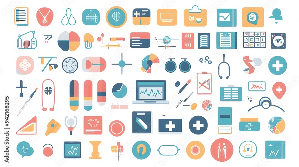 Poster comprehensive sets of vector icons covering a range of categories such as technology, healthcare, an