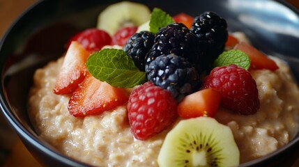 Nourishing morning meal featuring oatmeal enhanced with a medley of fresh fruits. [992] --ar 16:9 --v 6.1 Job ID: daa763e7-710e-4f5a-a59c-4ae4daefd80b