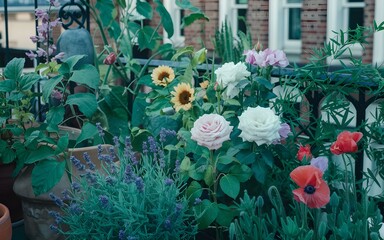 Beautiful flower garden on a balcony filled with colorful flowers including white roses pink and red poppies yellow sunflowers and purple lavender with potted green plants and black railing against a 