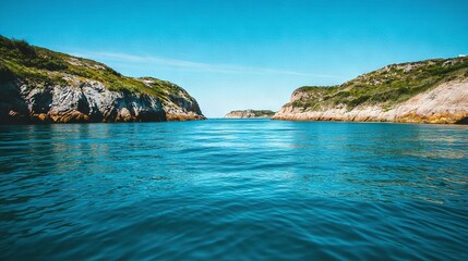 Fototapeta premium A body of water with rocks on the shore and another with rocks on the shore
