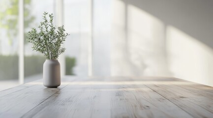 Scandinavian minimalist design is highlighted by a stylish vase of vibrant greenery, lit by warm natural light that creates a calming ambiance, evoking peace and tranquility in the space