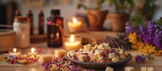 Fototapeta premium Using Homemade Mini Wax Melts In Aromatherapy Lamp Diffuser At Home Interior Concept Melts Making Ingredients On Table For Unbleached Beeswax Solid Coconut Oil Essential Oil Dried Flowers