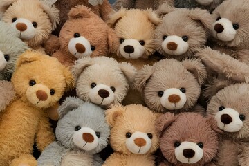 Large group of teddy bears of different colors and sizes arranged in a pile soft and cuddly stuffed animals with blurred background
