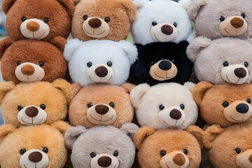 Group of colorful teddy bears arranged in a pyramid formation smiling and looking at the camera outdoors with blurred background of trees and buildings