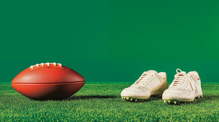 American football and cleats on artificial turf against green background. Concept of sports equipment and game preparation.