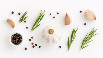 A flat-lay arrangement of culinary ingredients including a whole garlic bulb, garlic cloves, fresh rosemary sprigs, and black peppercorns, artistically displayed on a clean white background