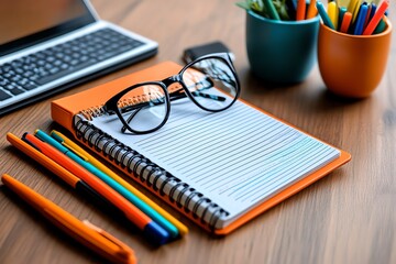 A top-down view of a classroom desk set with an open planner, a pair of glasses, and colorful gel pens, creating a scene of organization and preparedness