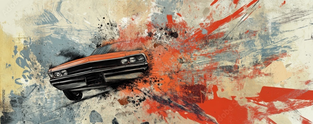 Poster dynamic mixed-media illustration of a vintage car in motion with an explosive splash of colors, symb