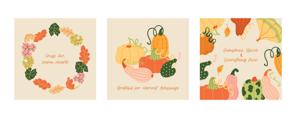 Autumn harvest various pumpkins and leaves hand drawn cute simple illustration composition. Modern clip art poster for children books, stationery, banners and social media