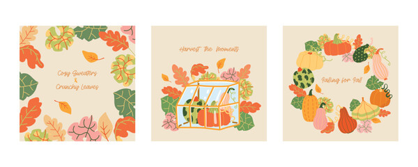 Autumn harvest various pumpkins and leaves hand drawn cute simple illustration composition. Modern clip art poster for children books, stationery, banners and social media