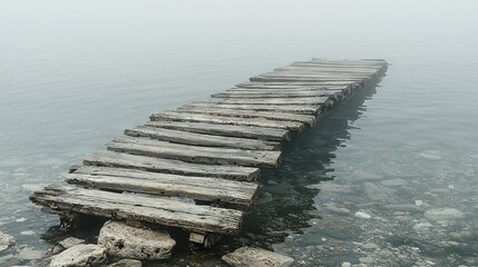 Fototapeta premium A wooden dock resting beside rocky shores and a body of water with rocks on either side