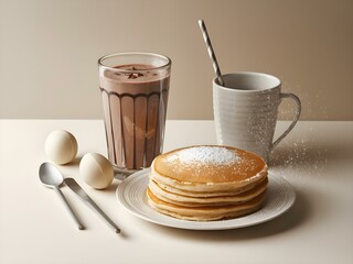 Golden brown pancakes stack on a white plate with fresh eggs, chocolate milkshake in a glass with black and white striped straw, silver utensils, beige background
