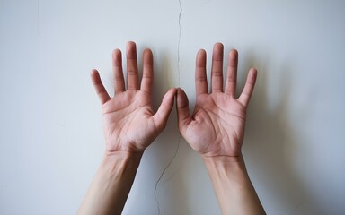 Hands Reaching Up Towards White Wall with Jagged Crack, Upper Body of Person, Palms Facing Up, Fingers Slightly Spread, Cracked Wall Texture, Discolored and Chipped Skin