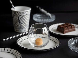 Table setting with black and white striped tablecloth, white mug with black stripes and handle, black and silver striped straws, clear glass cup with orange dessert, plate with chocolate bar, black ba