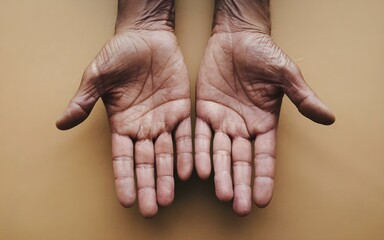 Wrinkled hands of an elderly person with palms facing upwards on a beige background showing signs of aging and discoloration taken from a top-down perspective