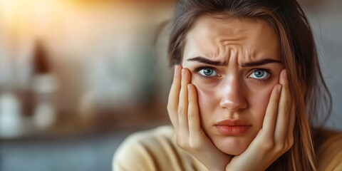 Young woman expressing concern about skin issues, emotional impact of acne and promoting awareness of skincare struggles