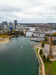 Top cinematic aerial view. Downtown Vancouver British Columbia. Aerial View Of Skyline Buildings.