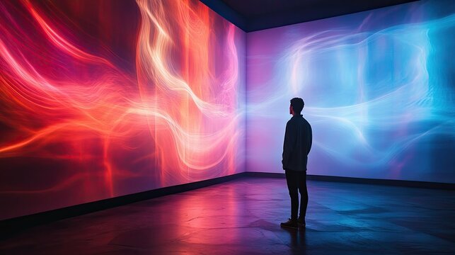 A person standing in a room where the walls are made of pulsating light, with abstract forms shifting in and out of focus, symbolizing the fluid nature of consciousness .