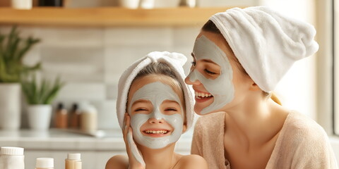 Mother and daughter bonding over skincare routine with clay face masks. Family beauty rituals and natural skin treatments at home