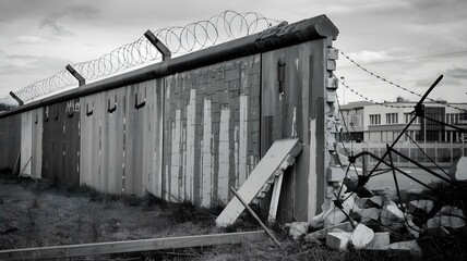 Old Dilapidated Fence with Barbed Wire, Peeling Paint, Crumbling Walls, Large Pile of Rubble, Debris, Grass, Shrubs, Buildings, Cloudy Sky, Black and White Photograph