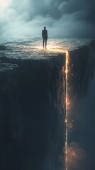 Obraz premium A person standing on a bridge made of light, suspended over an abyss of darkness, symbolizing the fragile balance between hope and despair.