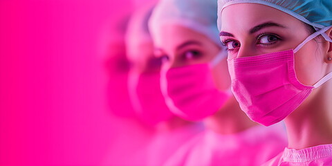 Healthcare professionals in protective masks and caps against pink background with copy space, safety measures in modern beauty clinics