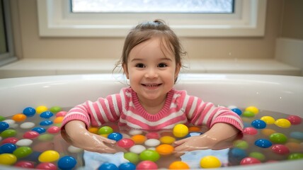 Young Girl Around 2-3 Years Old Playing in Bathtub Filled with Colorful Balls, Wearing Pink and White Striped Sweater, Smiling and Holding Sides of Tub, White Bathtub with Window Background