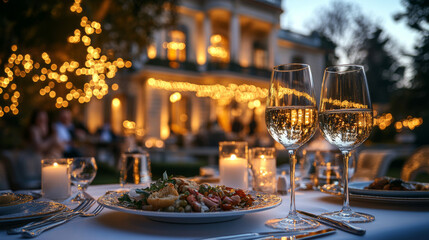 Naklejka premium A dinner table with two wine glasses and a plate of food