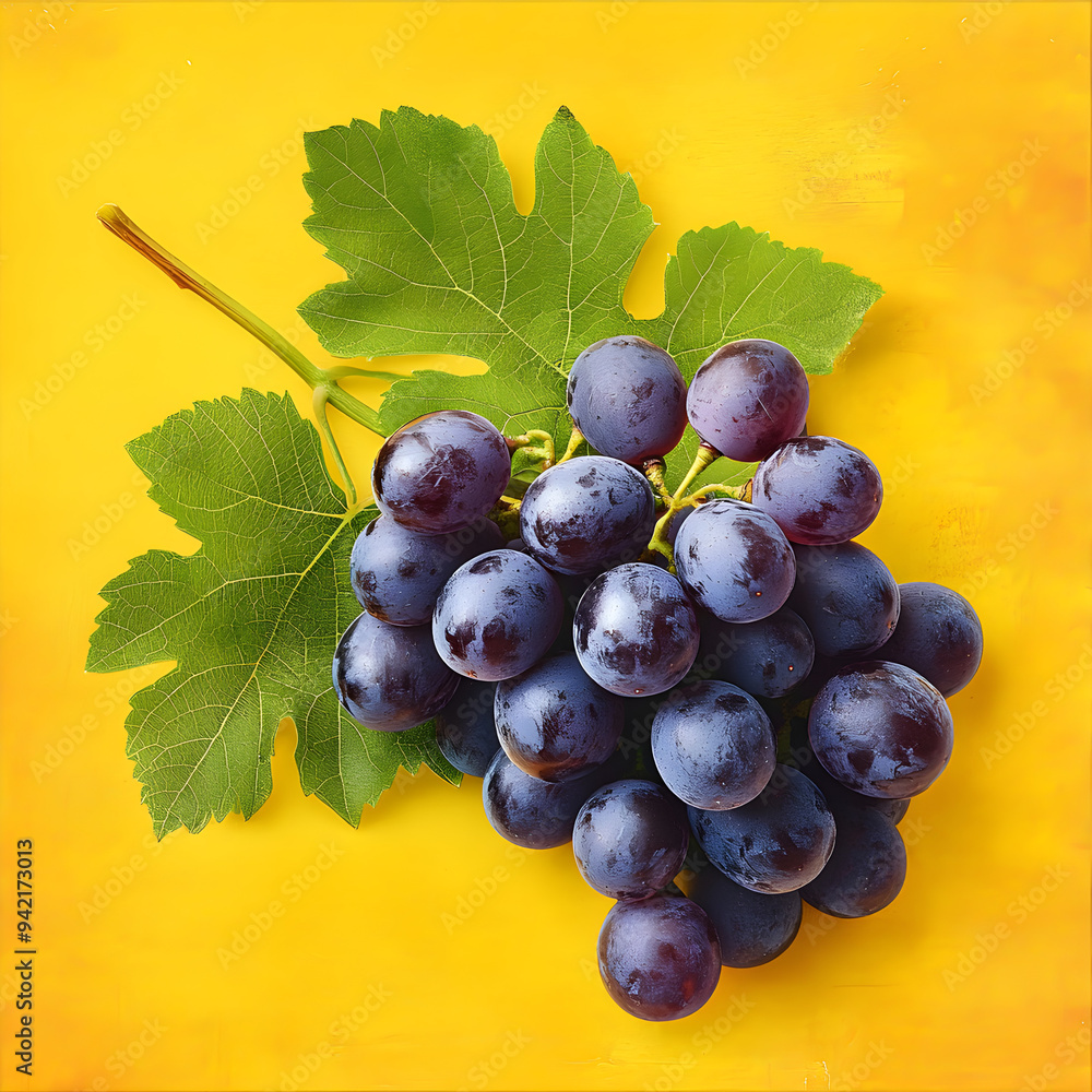 Poster grapes with green leaves displayed against a yellow backdrop in the image