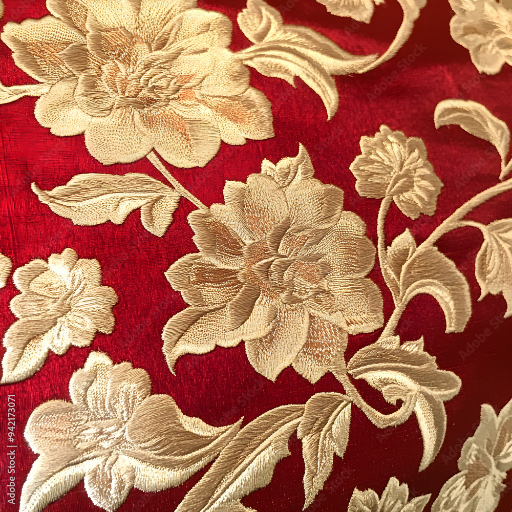 Aufkleber close-up view of fabric displaying a red and gold floral pattern image