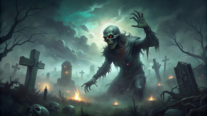 Fototapeta premium Eerie Skeleton Monster Rising in a Haunted Cemetery Under a Stormy Night Sky