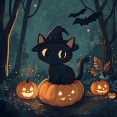 Fototapeta premium Kawaii black cat on a pumpkin, wearing a witch hat, broomstick nearby, spooky forest setting, glowing jack-o'-lanterns, bats flying in a starry night sky
