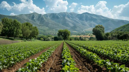 A field of green plants with a mountain in the background