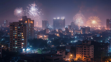 Obraz premium A view of a city skyline lit up with fireworks on Diwali night, capturing the excitement and joy