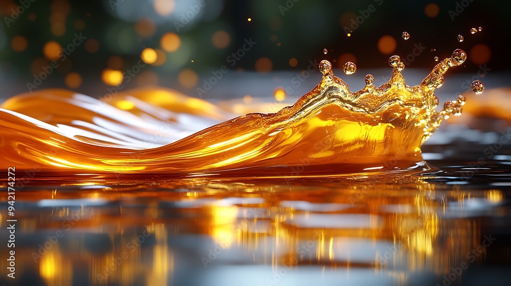 Poster golden liquid splash creating a wave with bokeh background.
