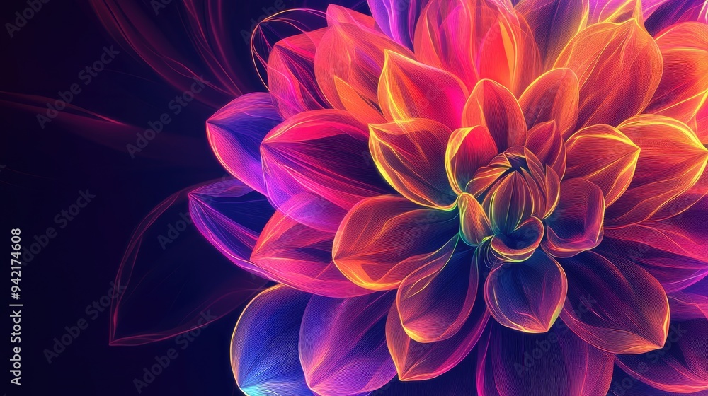 Poster dahlia flower in a colorful abstract style, with geometric neon lines and vibrant colors, creating a