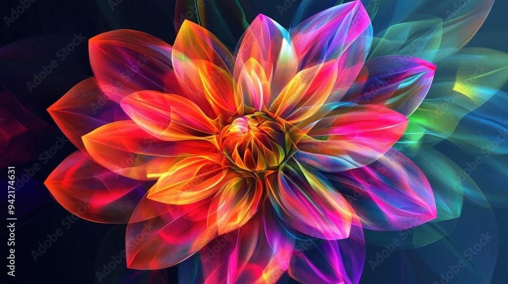Poster dahlia flower in a colorful abstract style, with geometric neon lines and vibrant colors, creating a