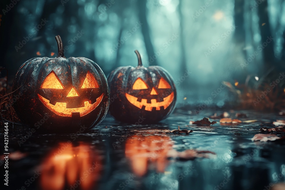 Wall mural 3D render of realistic halloween pumpkins with lantern lights.