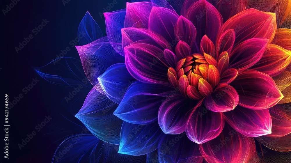 Poster dahlia flower in a colorful abstract style, with geometric neon lines and vibrant colors, creating a