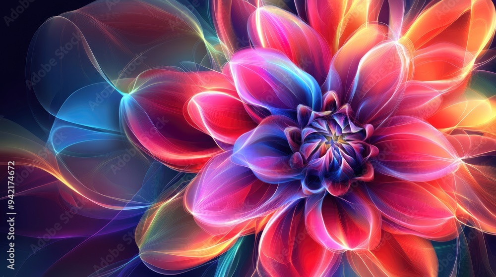 Poster dahlia flower in a colorful abstract style, with geometric neon lines and vibrant colors, creating a
