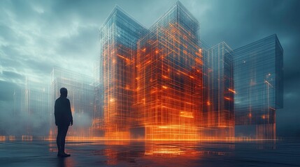 Obraz premium A man stands in front of a building that is lit up in orange