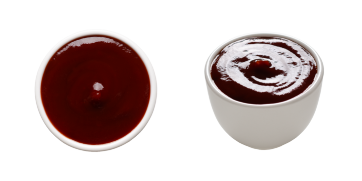 Barbecue sauce in a white bowl on transparent background. Top and front view.