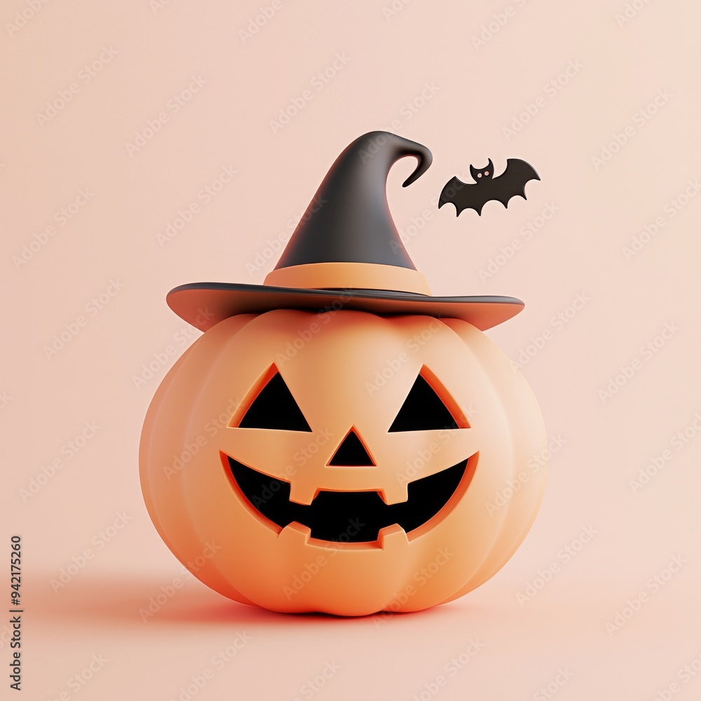 Wall mural three-dimensional rendering of halloween pumpkin with bat wings and wizard hat.