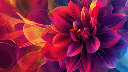 Dahlia in vibrant abstract art style, with geometric neon lines and a mix of bright colors, set against a mesmerizing vector background