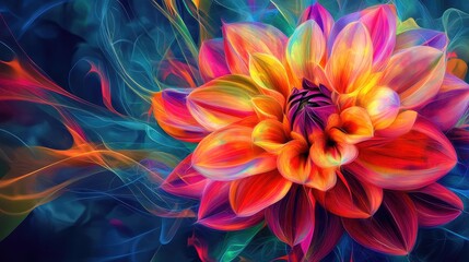 Obraz premium Dahlia in vibrant abstract art style, with geometric neon lines and a mix of bright colors, set against a mesmerizing vector background