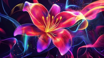 Lily in an abstract art style, with geometric neon lines and a mix of bright colors, creating a captivating vector illustration